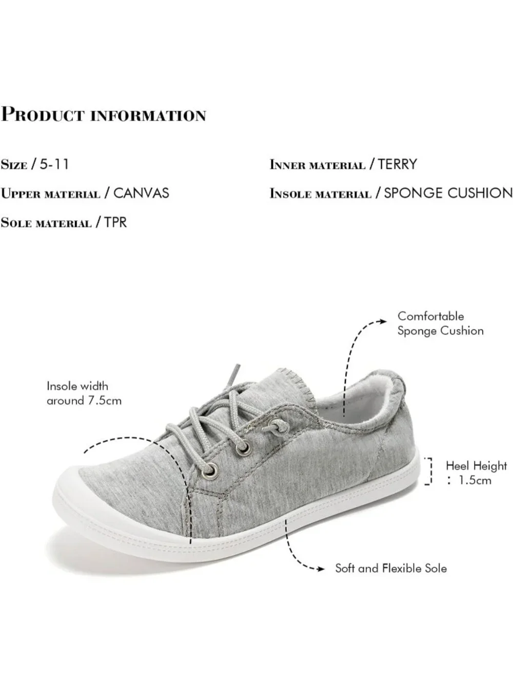 Women's Grey Canvas Comfortable Lace-Up Flat Breathable Walking Casual Sneakers